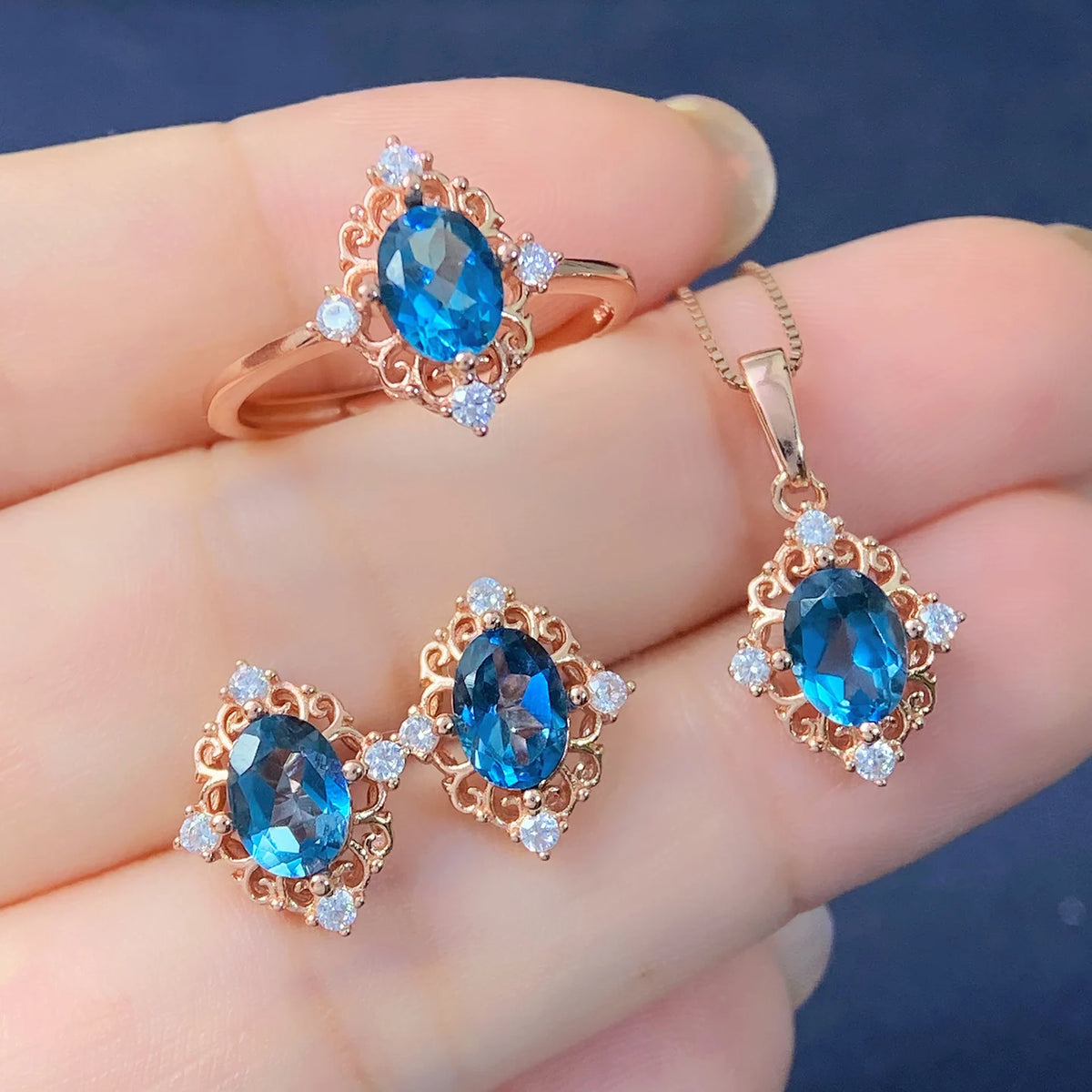 Natural London Blue Topaz 925 Sterling Silver Jewelry Set Pendant Ring Earrings for Women Trendy Fashion Gift Elegant Party