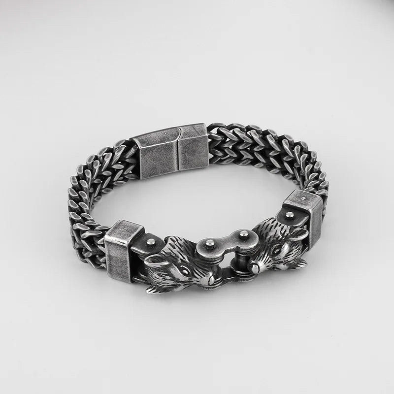 KALEN Men Punk Gold/Silver/Black/Oxidized Black Stainless Steel Wolf Head Charm Herringbone Chain Bracelet