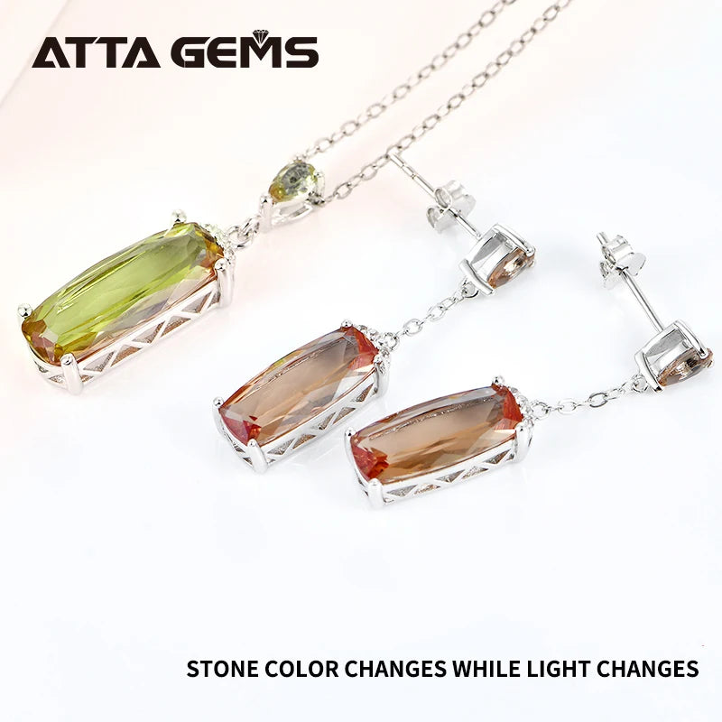 Synthetic Sultanit Zultanite Gemstone Jewelry Sets 925 Sterling Silver Rectangle Shape Earrings Necklace Wedding Gift for Women