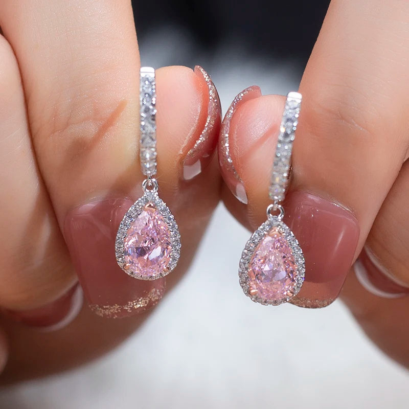 Messi Jewelry MSE-608 100% Real Silver 2Ct Pink High Carbon Cubic Zircon Fine Jewelry Earrings for Dating or Wedding