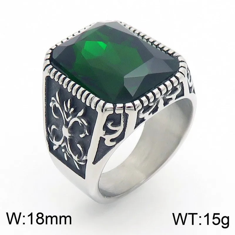 Kalen Vintage Viking Jewelry Luxury Court Style Gemstone Carved Zircon Inlays Stainless Steel Men Rings
