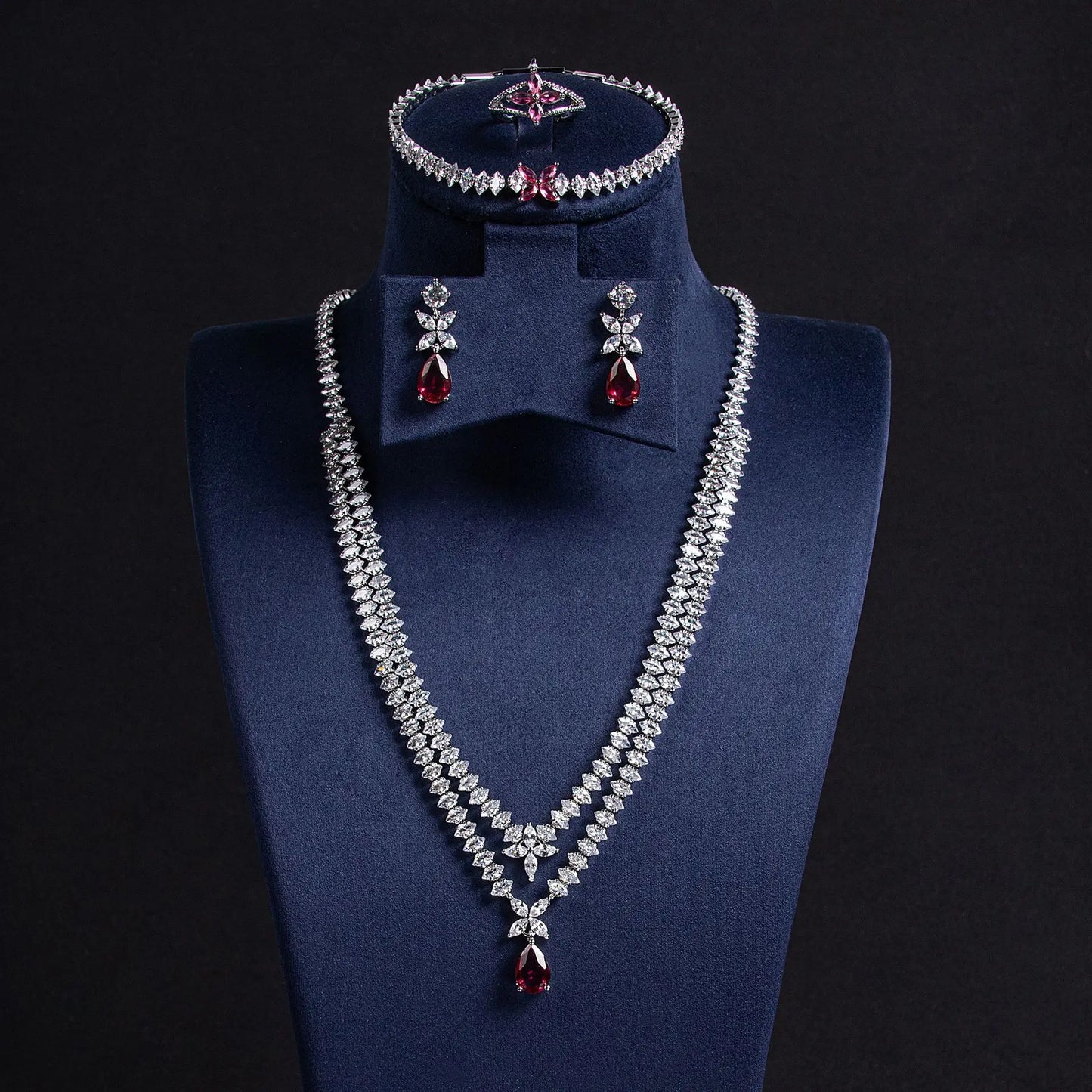 Luxury Pear-Cut Zirconia 4-Piece Dubai & Nigerian Geometric Bridal Set — Rhodium Plated