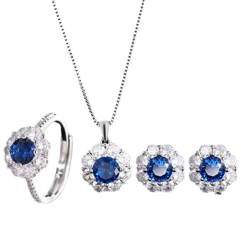 Gemfiori Korean Jewelry Natural Blue Zircon Pendant Egg Shaped Flower Fresh Sweet and Fashionable Set