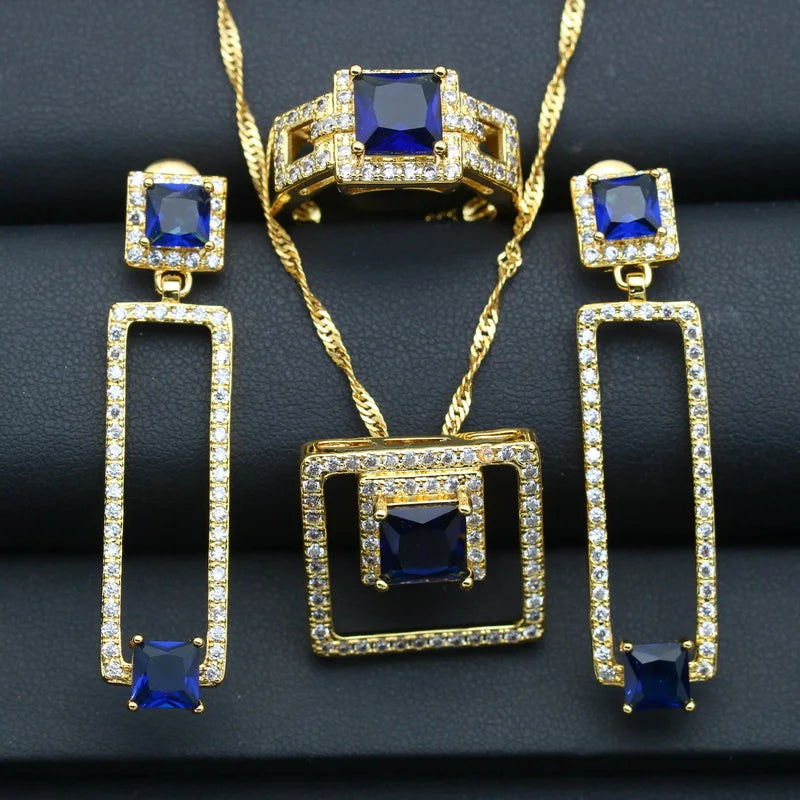 XOTICA Vintage Blue Zirconia Gold Plated Jewelry Set Women's Wedding Earrings Pendant Ring Necklace for Parties