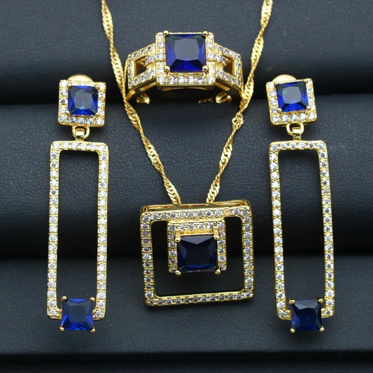 Vintage Blue Zirconia Gold Plated Jewelry Set Women's Wedding Earrings Pendant Ring Necklace for Parties