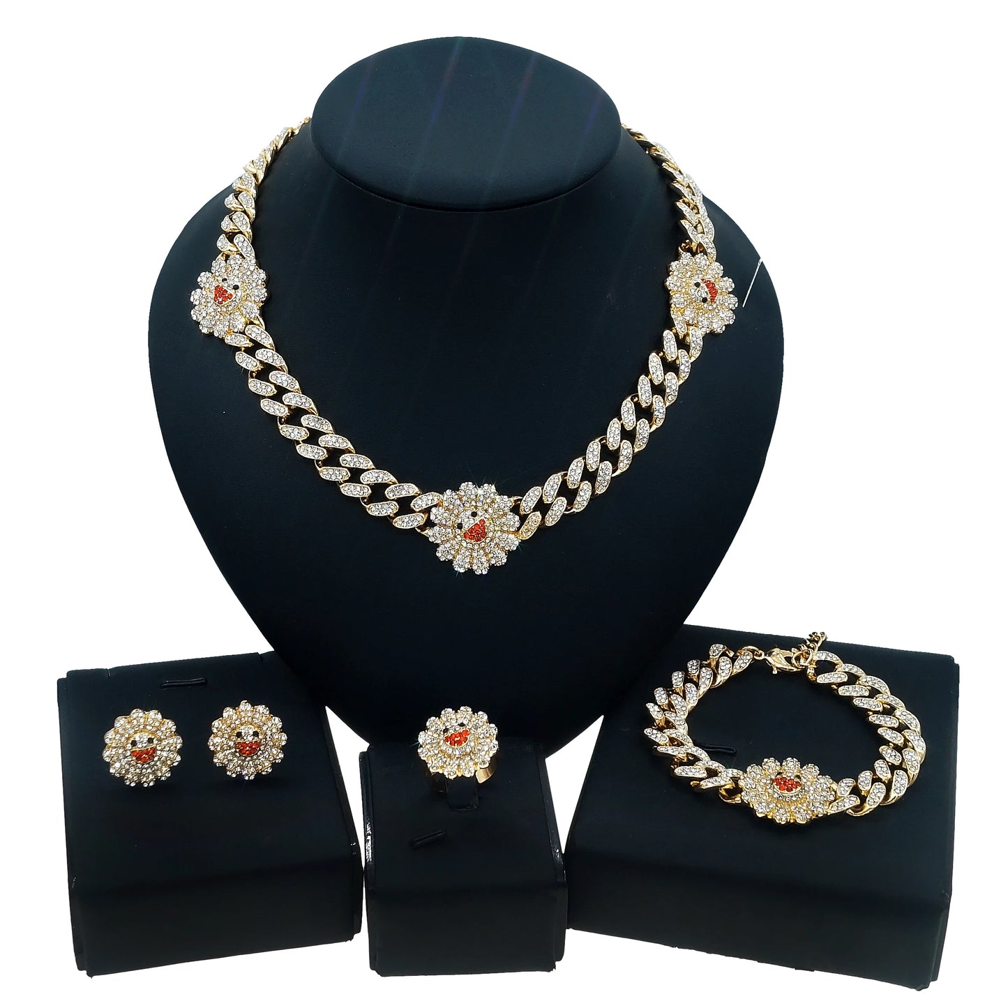 Zhuerrui Gypsophila Hip Hop Style Women's Cuban Chain Jewelry Set Sun Flower Girl Cuban Crystal Exquisit Gold Plated Jewelry Set