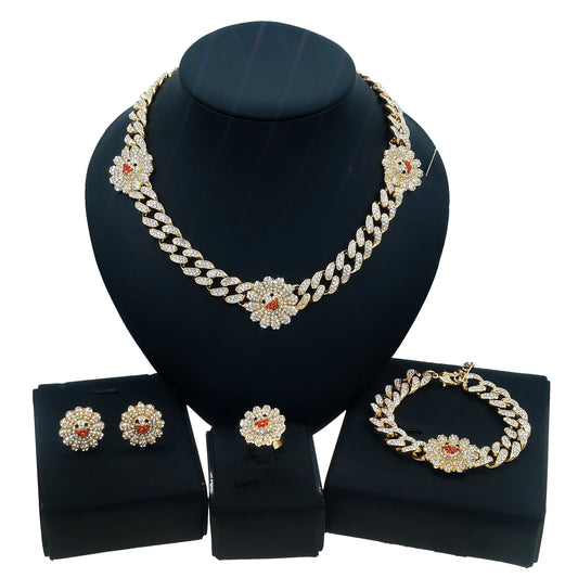 Zhuerrui Gypsophila Hip Hop Style Women's Cuban Chain Jewelry Set Sun Flower Girl Cuban Crystal Exquisit Gold Plated Jewelry Set
