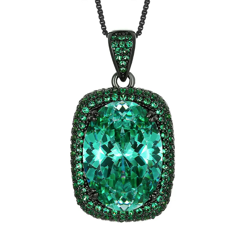 Gemfiori Luxury Vintage Gothic Royal Blue Sapphire Jewelry Set Black Gold Plated Cushion Cut Blue Gem Halo Pendant Necklace Earrings Ring