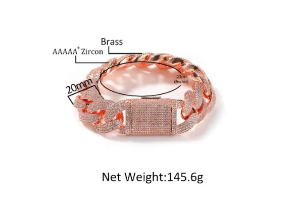 20mm Rose Gold Plated Cuban Link Bracelet Iced Out 5A CZ Brass Box Clasp Heavy Thick Hip Hop Rap Jewelry for Men