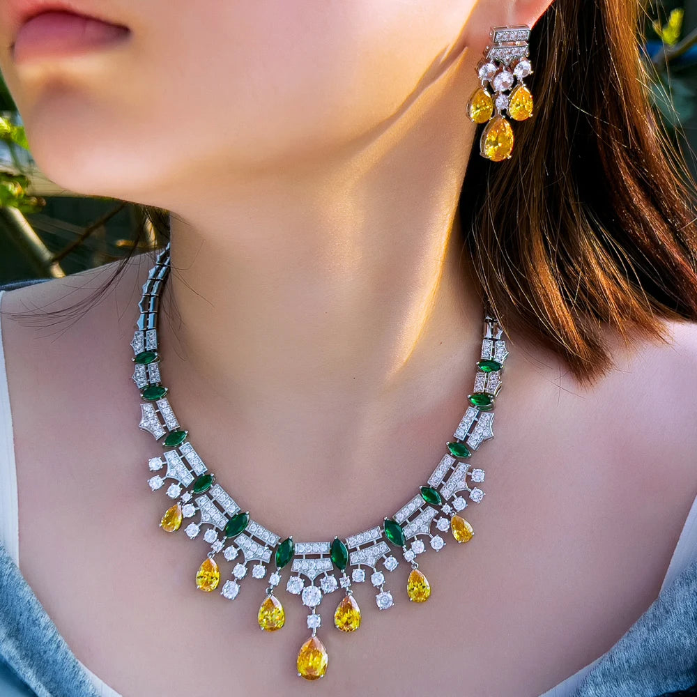 Glamorous Yellow Cubic Zirconia Dangle Water Drop Wedding Party Bridal Necklace Pageant Jewelry Sets for Women