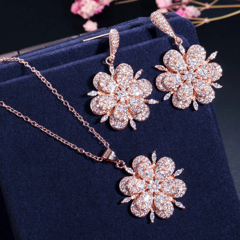 High Quality 3D Design Chic CZ Zirconia Crystal Rose Gold Color Flower Drop Earrings and Necklace Women Engagement Jewelry Sets
