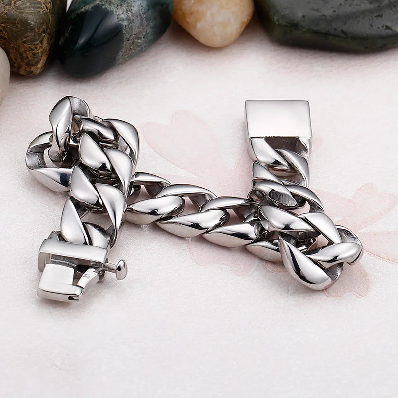 KALEN Fashion Shiny Stainless Steel Cuban Chain Bracelet for Men