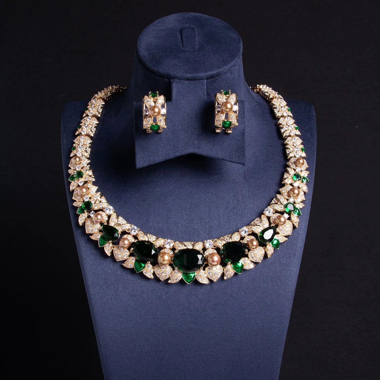 Luxury Oval-Cut Zirconia & Imitation Pearl Classic Choker Necklace & Earrings Bridal Set — Gold & Rhodium Plated