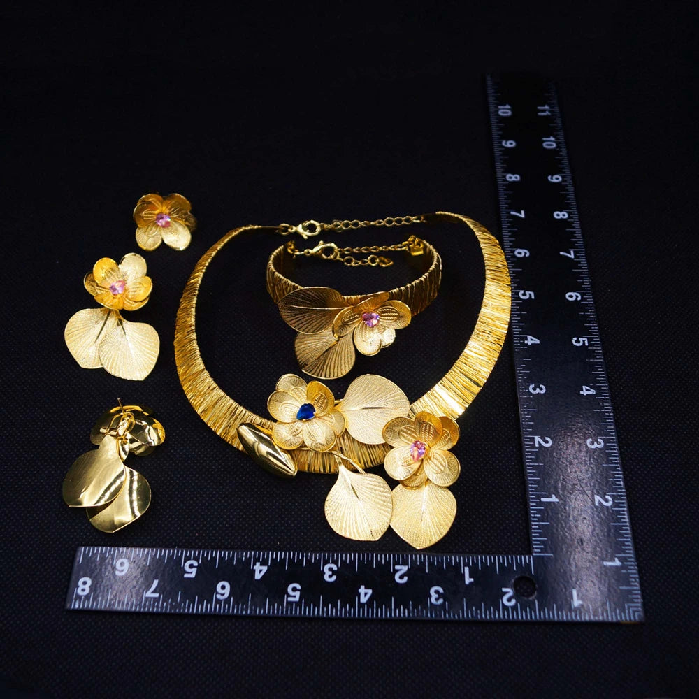 Brazilian Gold Flower Fashion Jewelry Set Italian Jewelry Set Nigerian Woman Wedding Necklace Bracelet Earrings Ring Jewelry