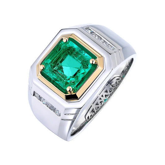 Gemfiori Men's Classic Rhodium Plated 925 Sterling Emerald Ring Diamond Inset Gemstone Wedding Party Ring for Engagement or Gift