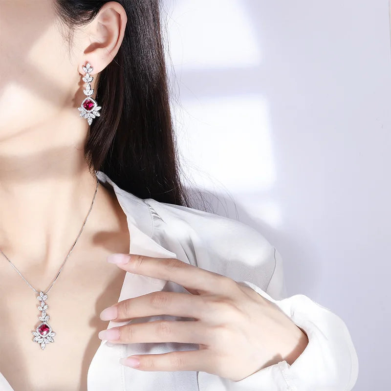 Factory Wholesale Eco-friendly Copper Round Cut 8*8mm Red Cubic Zirconia Tassel Earings and Neckless Set