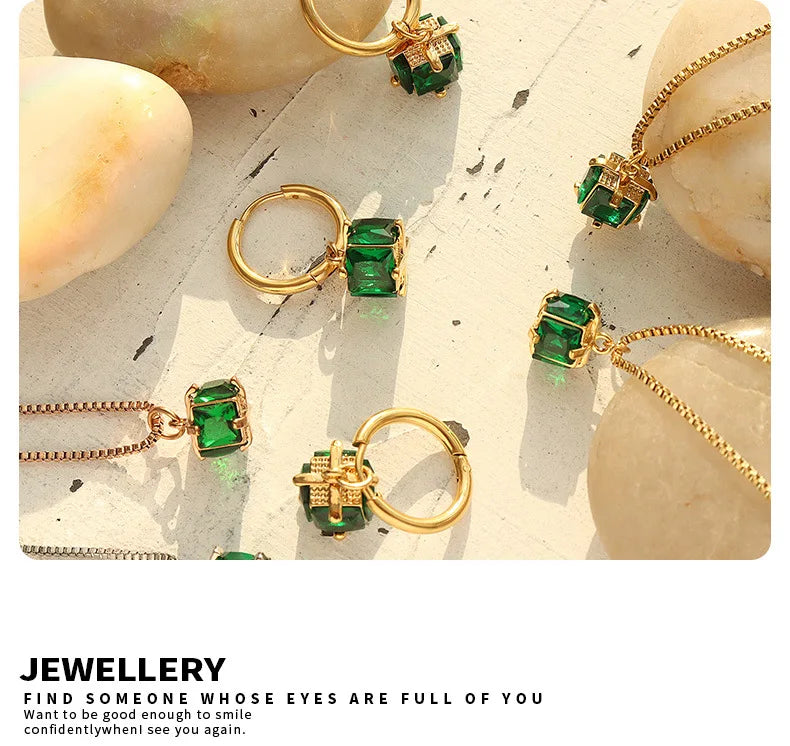 Four-Claw Emerald Zircon Necklace & Drop Earrings | Tarnish-Free Stainless Steel Editorial Fashion Jewellery