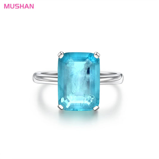 MUSHAN Jewelry Factory 925 Sterling Silver Fine Rings Synthetic Paraiba 7ct 10*14mm Blue Gemstones Ring for Women Anniversary