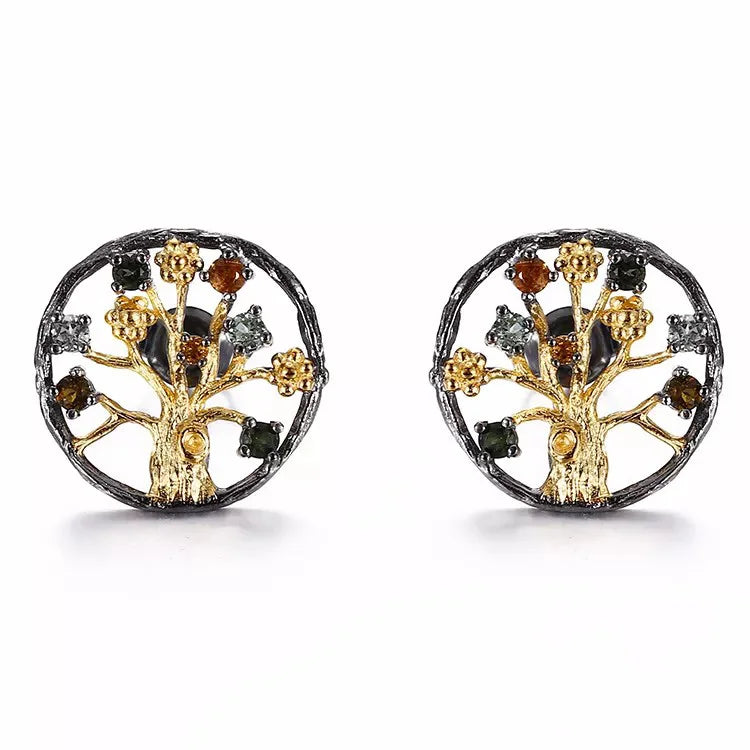 Colourful Tourmaline Tree Design Vintage 925 Silver 18K Gold Plated Pendant Earrings