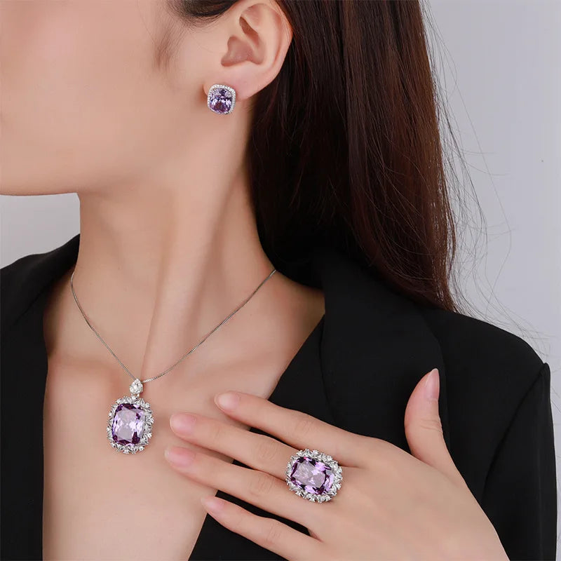 Gemfiori New Versatile Purple Zircon Temperament Pendant Set with Niche Design Ice Flower Princess square Earrings