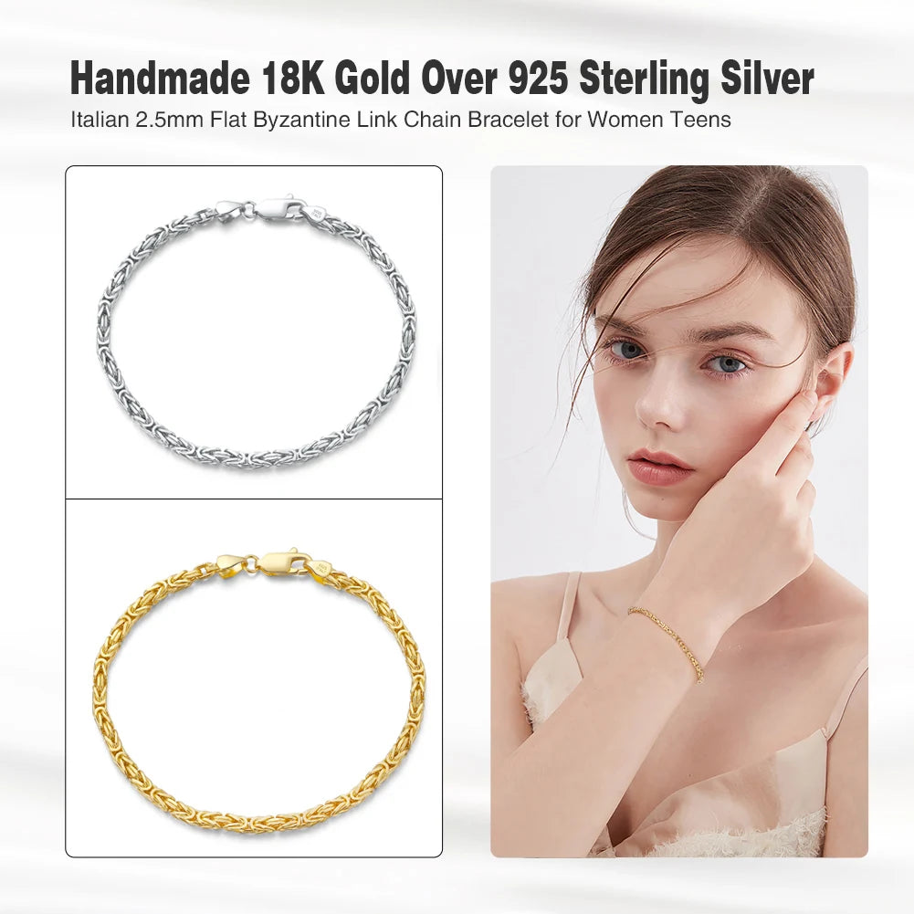 S&S RINNTIN BSB122 Handmade Italian 925 Sterling Silver 18K Gold 2.5mm Flat Byzantine Link Chain Bracelet for Women Men