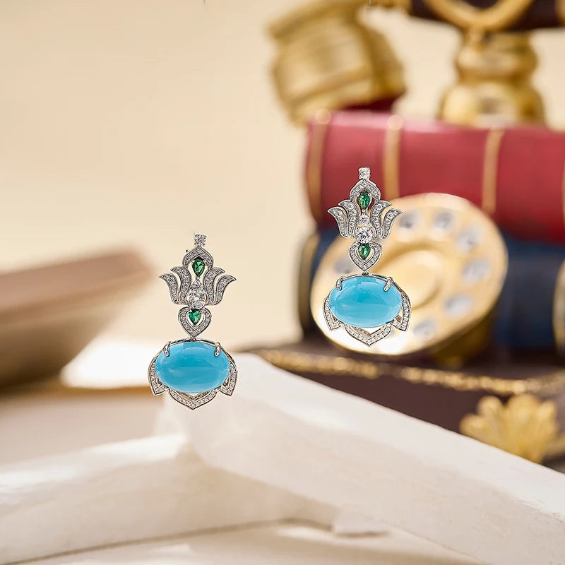 Turquoise Blue Retro Hollow Iris Flower Shaped Sexy Women's Brass Zirconia Necklace Earrings 2-piece Set Dubai Wedding Jewelry