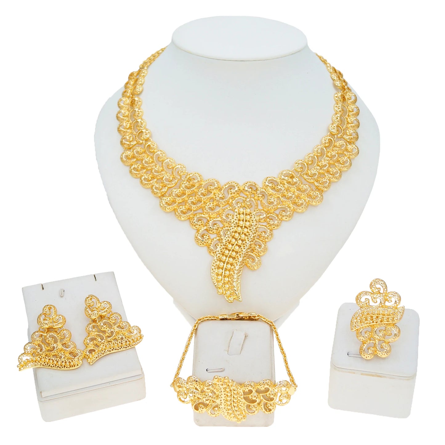 Zhuerrui Luxury Brazilian Jewelry Set Gold Plated Hollow Pattern Noble and Elegant Dubai Proposal Four-piece Wedding Ring Set