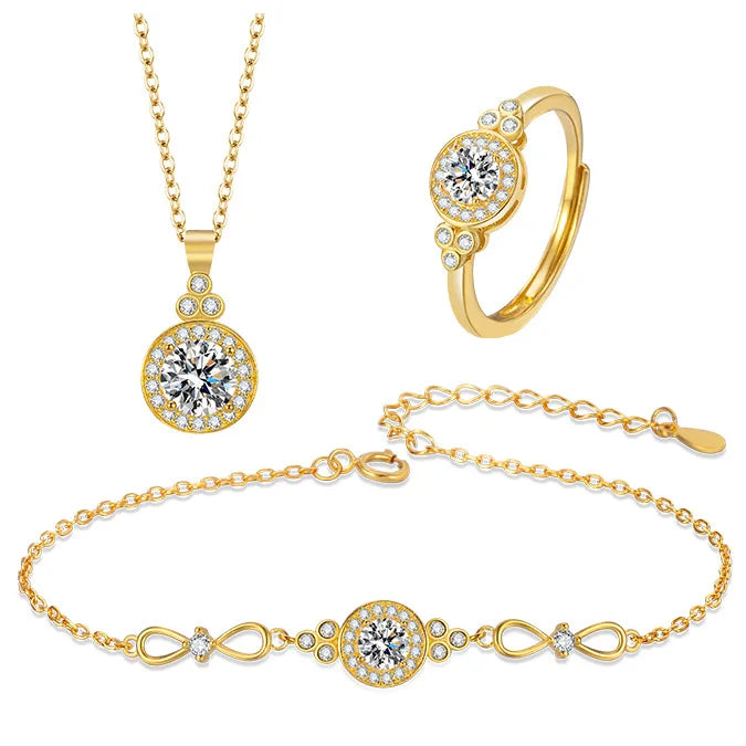 S&S 925 Sterling Silver Zircon Square Jewellery Set | Necklace, Bracelet & Ring | Platinum & Gold | S&S Collection