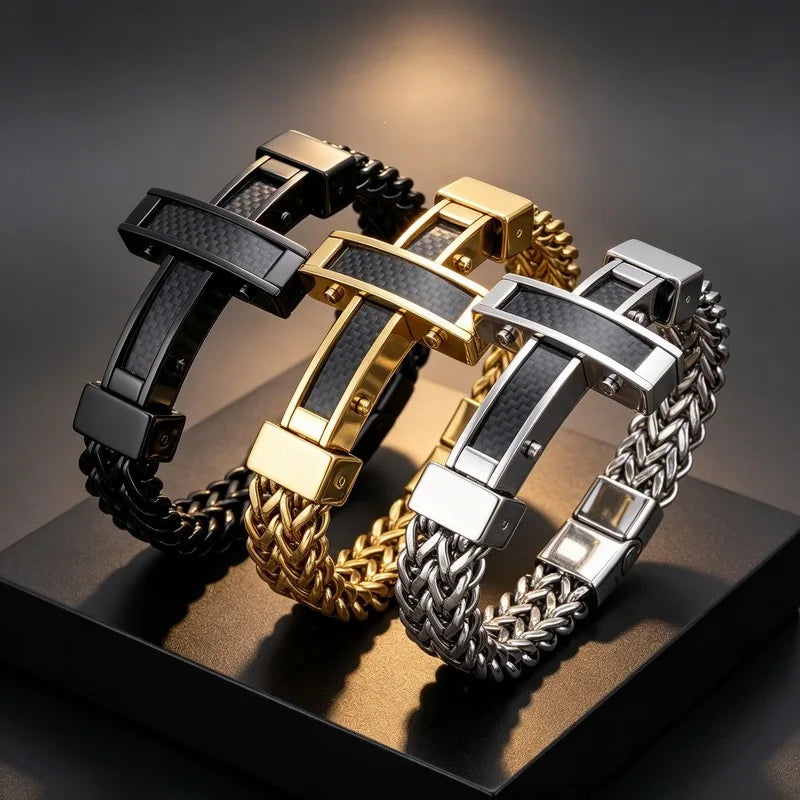 Kalen Hip-hop Luxury Unique Carbon Fiber Cross Double-Sided Chain Bracelet Magnetic Clasp Stainless Steel Men's Bracelet