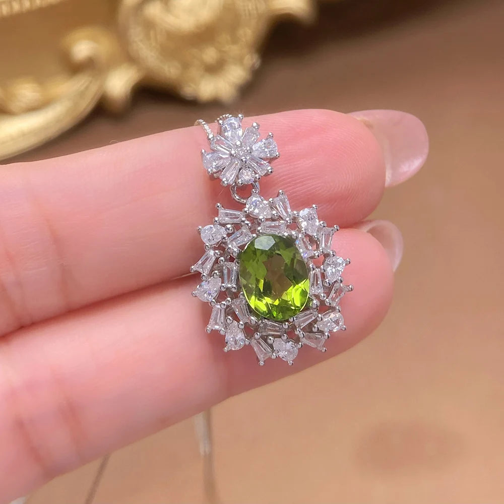 Gioiellieri Luxury 925 Sterling Silver Natural Peridot Pendant Oval Cut Solitaire Engagement Ring for Women Daily Wear Anniversary Gift