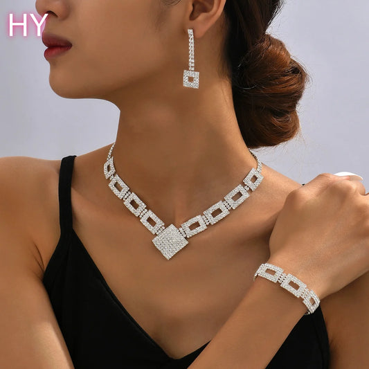 HY   New Luxury Full Diamond Rhinestone Crystal Jewelry Set for Women Trendy Square Earrings Necklace Bracelet Link Wedding