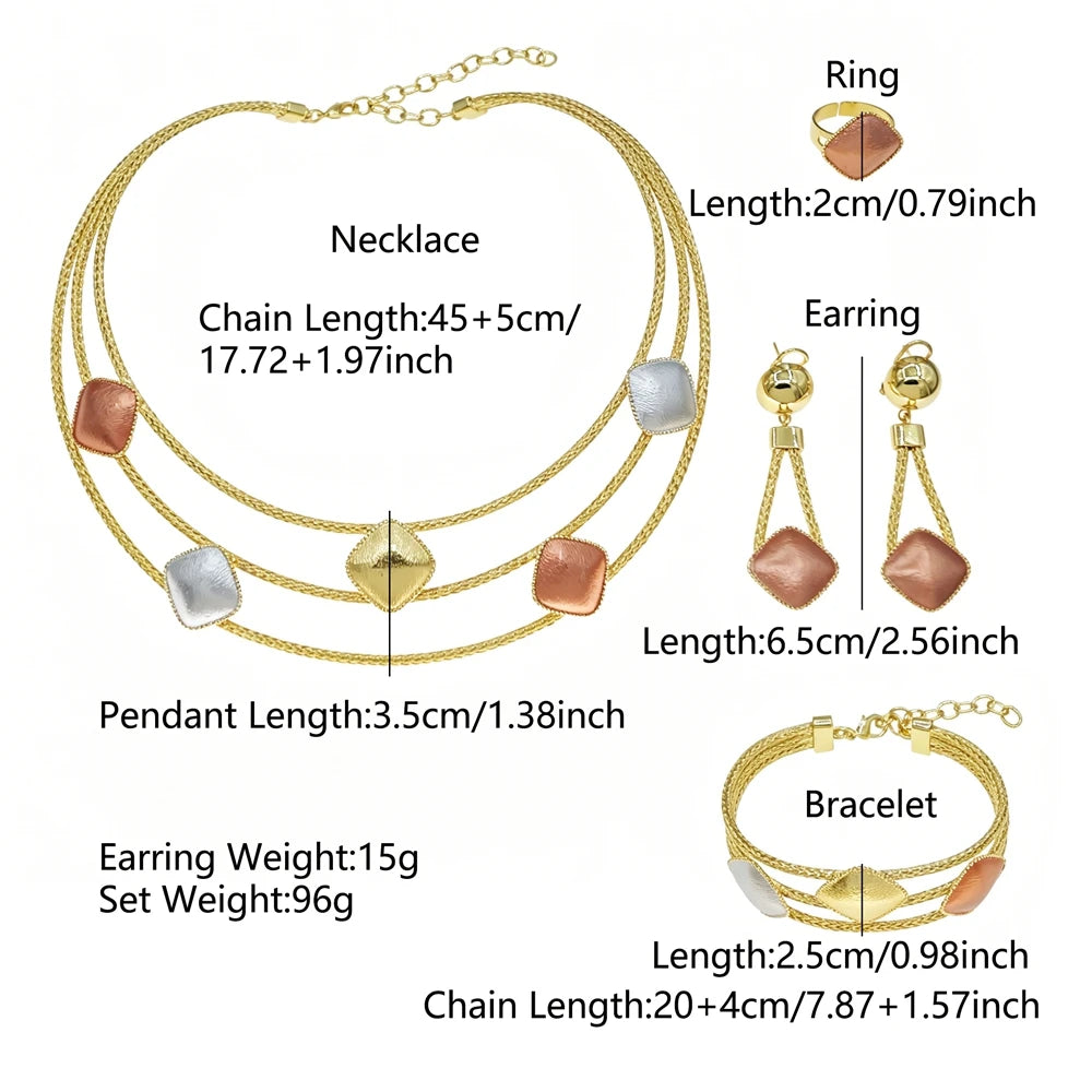 Zhuerrui Three Tone Layered Gold Plated 4Pcs Jewelry Set Necklace Bangle Earrings Ring for Wedding Daily Wear HS26009