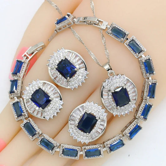 Luxury Silver Jewelry Sets for Women Blue Zircon Bridal Bracelet Earrings Rings Necklace Pendant for Wedding Birthday Gift Idea