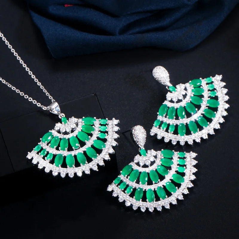 Big Long Dangle Earrings Green Fan Shaped Chain Link Necklace Cubic Zircon Engagement Jewelry Set for Women Costume Accessories