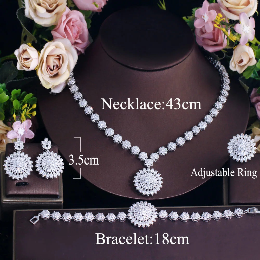 Female Luxury Cubic Zircon Jewelry Set Round Shape 4pcs Necklace Ring Earring and Necklace Jewelry Sets for Women Wedding Party