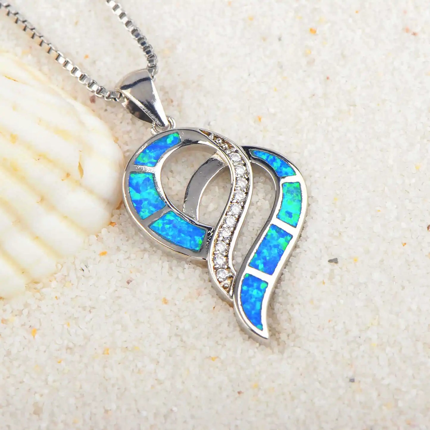 Aobao Copper Heart-shaped Pendant Necklace with Link Chain Silver Plated Inlaid Opal-Women's Gift Jewelry
