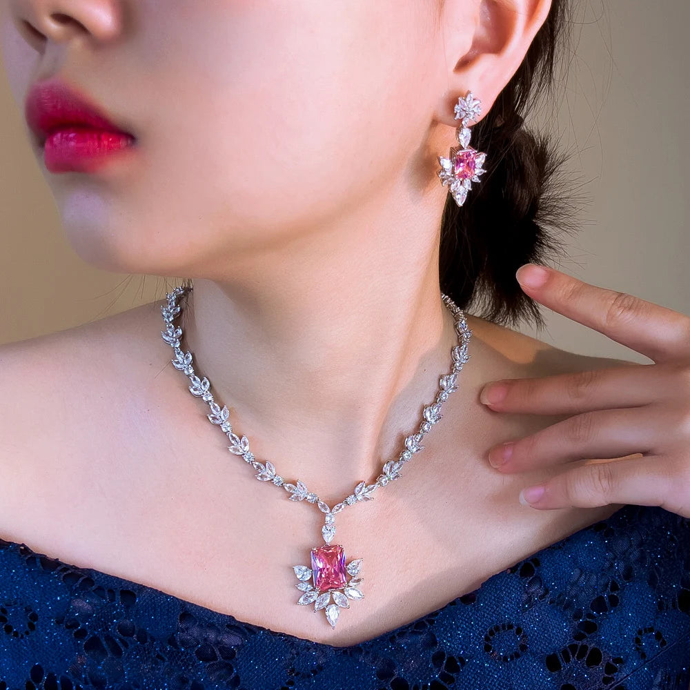 Beautifully Pink Shiny Cubic Zircon Wedding Necklace and Earring Bridal Jewelry Set for Women Bridesmaids Prom Accessories