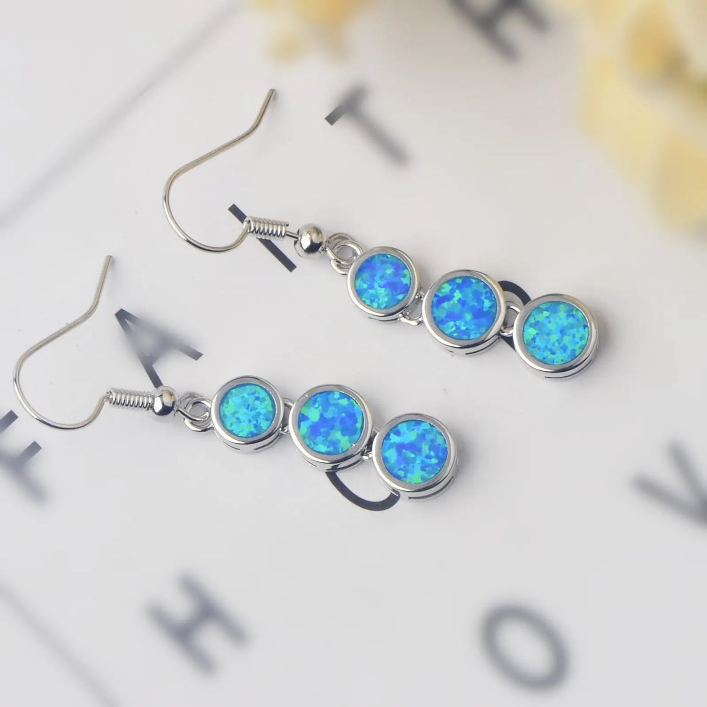 Dainty Layered Blue Opal Earrings - Handcrafted Silver Plated Long Circle Dangle Jewelry Bulk