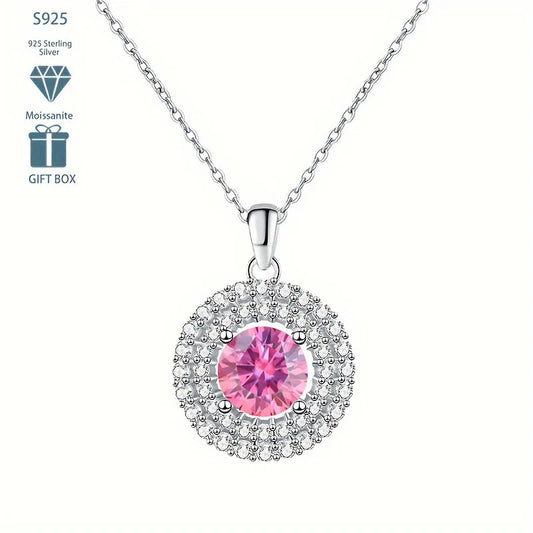 Dainty Double Halo Set Round Cut 1ct VVS GRA Colored Moissanite Jewelry Trendy 925 Sterling Silver Disc Pendant Necklace
