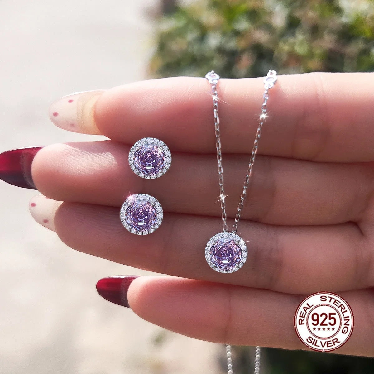 S925 Solid Silver Charming Rose Flower CZ Purple Round Pendant Necklace and Earring Jewelry Set for Ladies Fine Jewelry