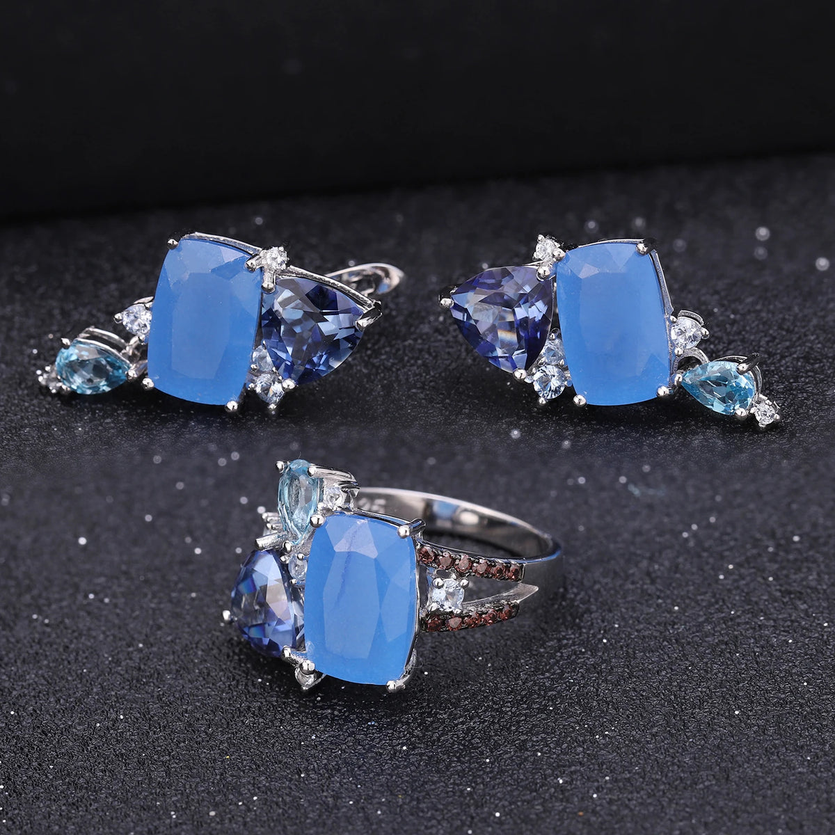 ArtistA Abiding OEM Custom Women Jewelry Natural Gemstone 925 Sterling Silver Aqua-Blue Chalcedony Blue Topaz Quartz Ring Earrings Set