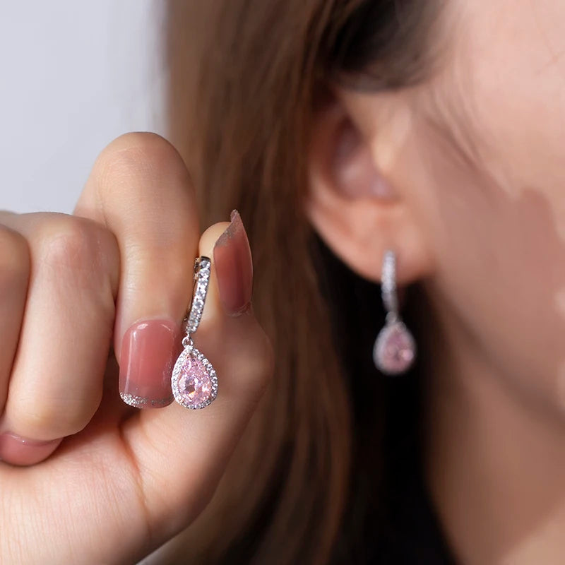 Messi Jewelry MSE-608 100% Real Silver 2Ct Pink High Carbon Cubic Zircon Fine Jewelry Earrings for Dating or Wedding