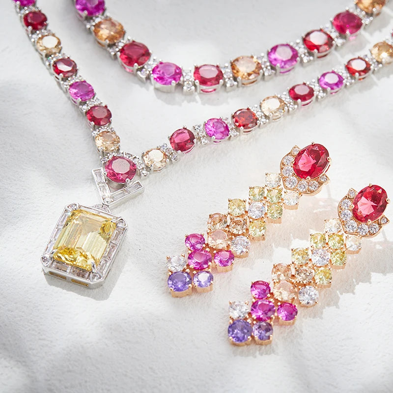 Rainbow High-End Jewelry Dubai Set Exaggerated India Zircon Double-Layer Necklace Long Earrings Trendy Women's Gifts Engagements
