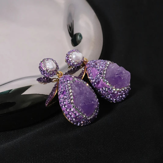 GLSEEVO Natural Amethyst Zircon Inlaid Pendant Earrings Korean Style Women Luxury Jewelry Fashion Ladies and Girls Gift GE1577