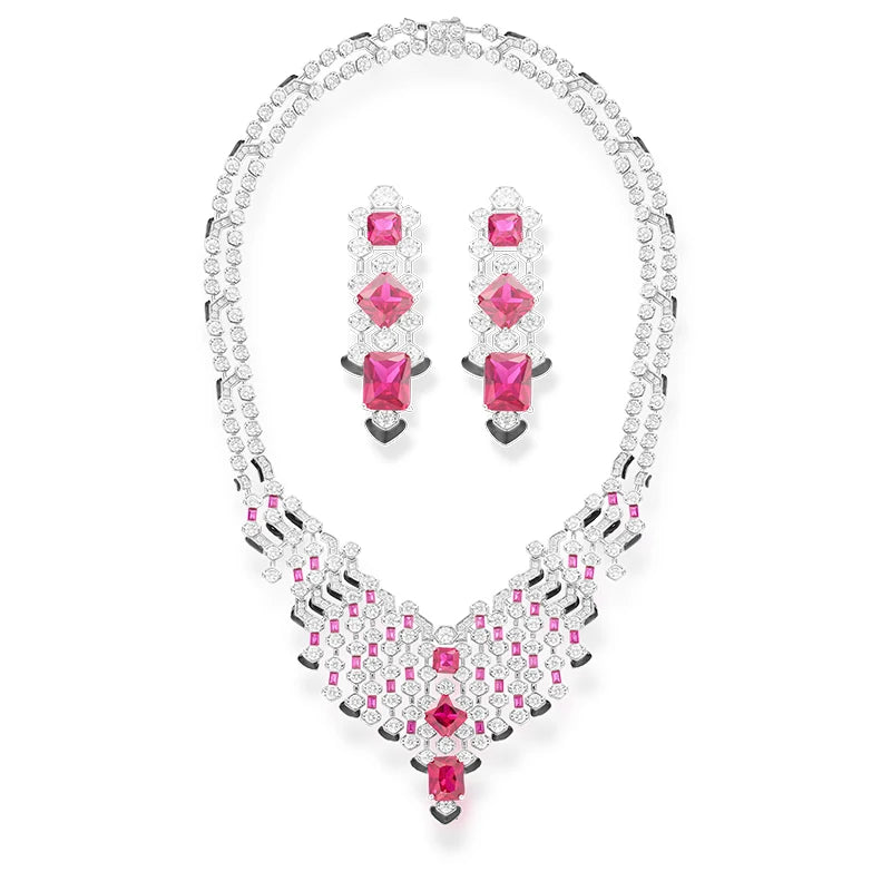 Ladies' Wedding Vintage Rococo Wave Flower Shaped Brass Necklace Earrings 2-piece Set Black Enamel Zirconia Jewelry