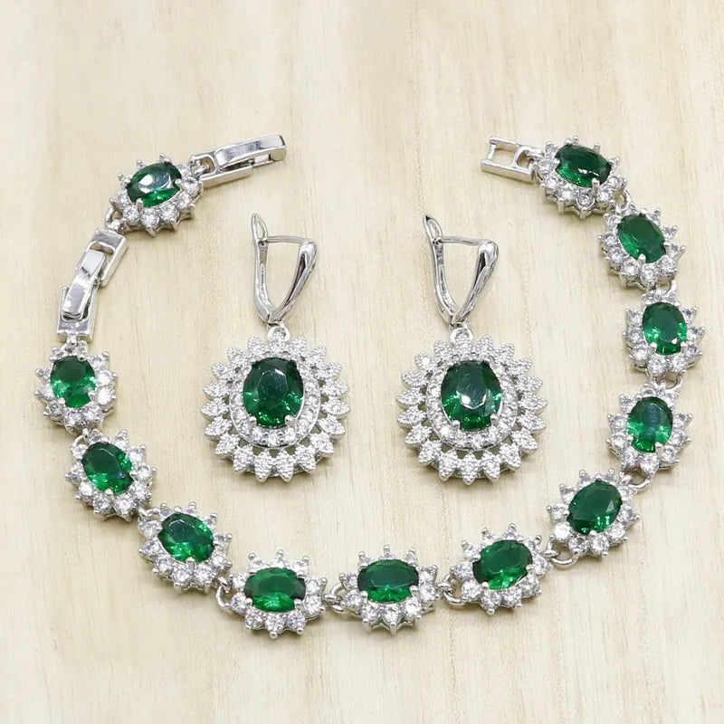 Green Blue Semi-precious Silver Jewelry Sets for Women Necklace Earrings Bracelet Wedding Bridal Jewelry