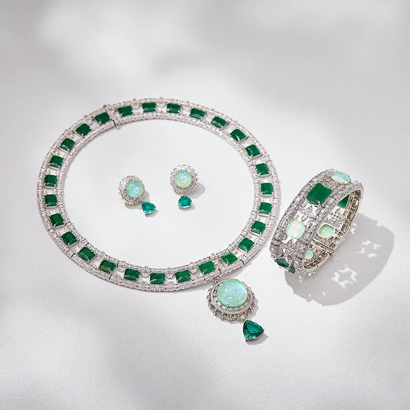 Exquisite and Gorgeous Bridal Wedding 3-Piece Set Unique Opal Zircon Necklace Earrings Bracelet As Large Exhibition Accessories
