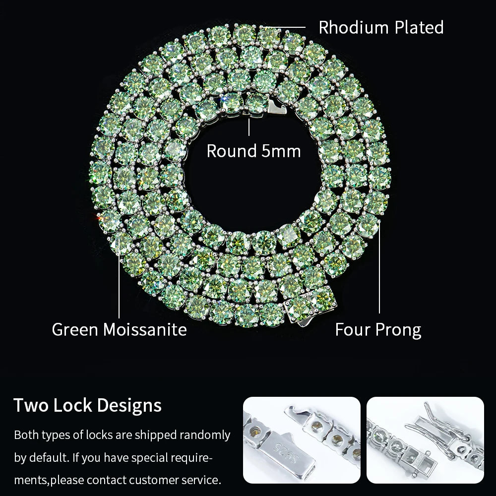 ArtistA White Gold Plated 925 Sterling Silver Green Moissanite VVS1 Round 5mm Moissanite with GRA Tennis Necklace for Men/Women
