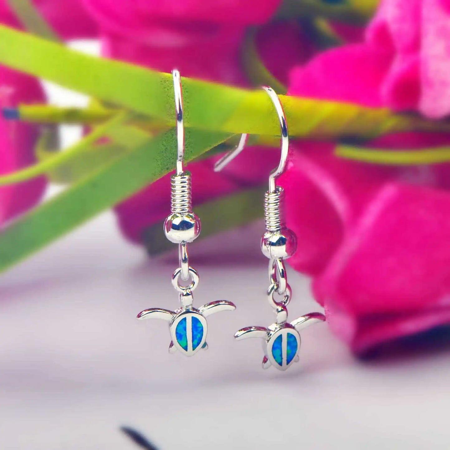 Adorable Christian Dainty Silver Plated Hawaiian Sea Turtle Animal Shape Cute Opal Pendant Earrings for Beach Lovers Gift