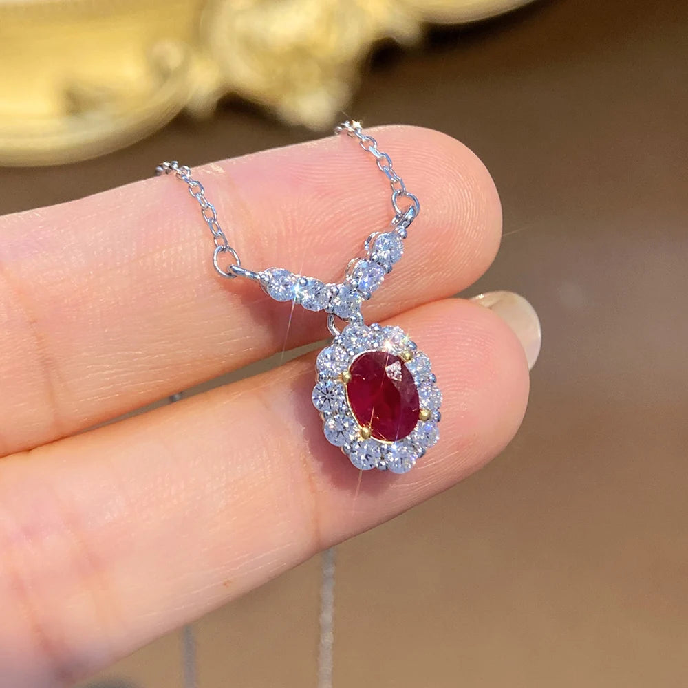 Gioiellieri Natural Red Ruby Pendant Necklace S925 Sterling Silver Fine Jewelry for Women Fashion Gemstone Charm Anniversary Gift